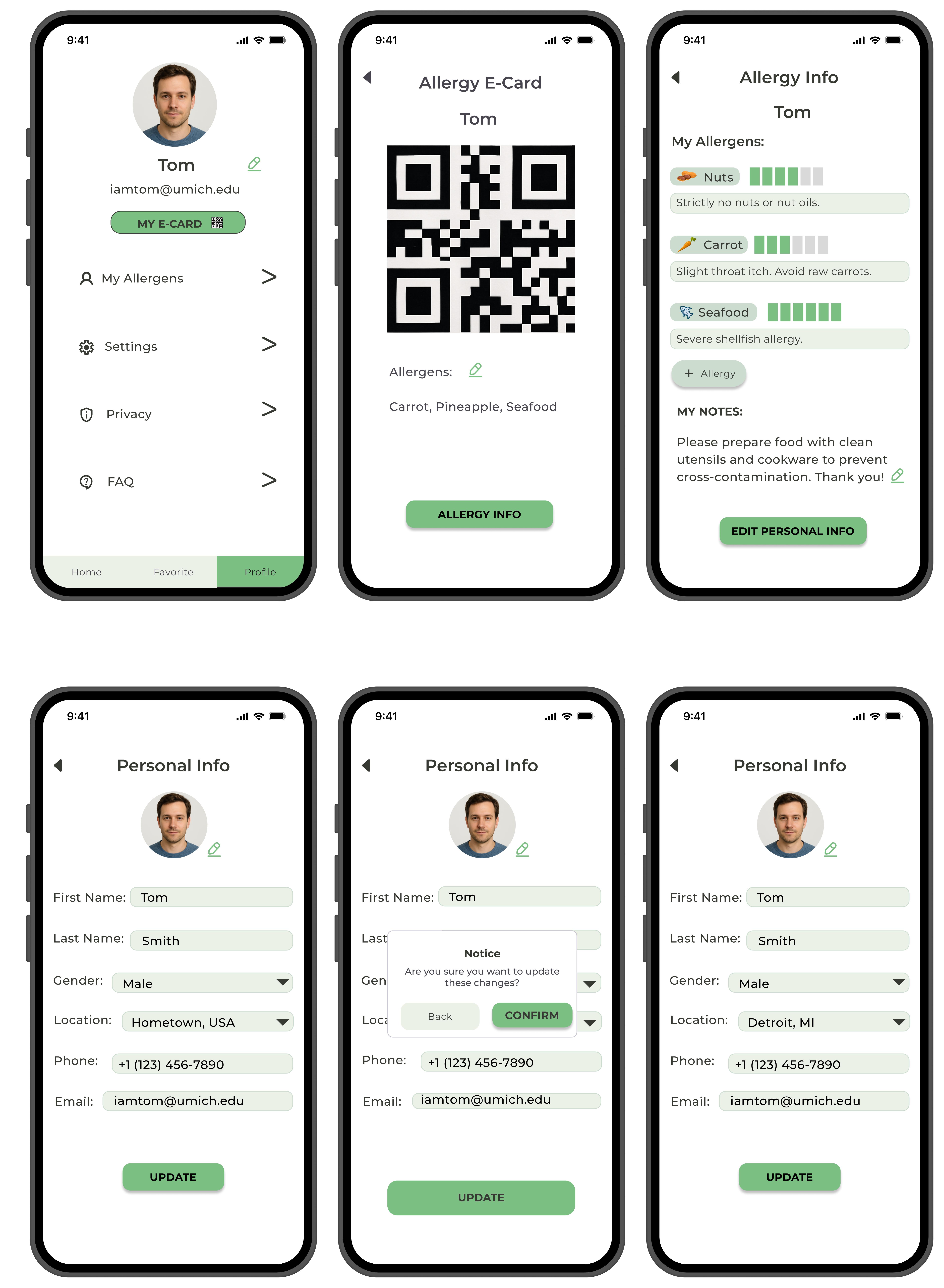 SafeEats 个人信息与过敏电子卡界面